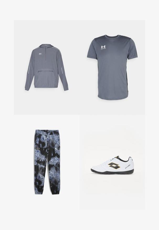 Pelēks viegls kapuce ar pus-izsistām priekšpusē, elastīgu apakšmalu un priekšējo kabatu ar rāvējslēdzēju. Tam ir baltas akcentu līnijas uz piedurknēm.; Pelēks sporta T-krekls ar īsām piedurknēm. Tam ir apaļa kakla izgriezne un balts Under Armour logo kreisajā krūšu pusē. Gluda tekstūra.; Mīkstas auduma bikses ar zilu, melnu un pelēku abstraktu rakstu, elastīgu jostu un sašaurinātām potītēm. Iekļauti Puma un BMW logo.; Baltas sporta apavus ar melniem un dzelteniem akcentiem, ar teksturētu virsmu, apaļu purngalu un melnu gumijas zoli. Dizainā ir iekļauts logo elements sānos.