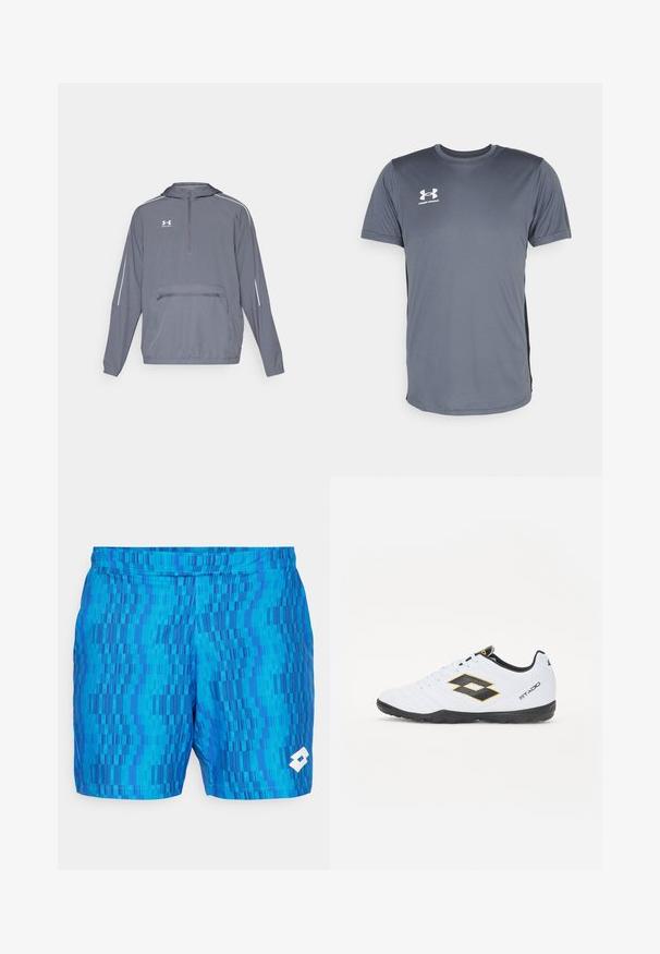 Halliine hall kerge kapuutsiga jope, millel on pooltõmbe esiosa, elastne alumine äär ja eesmine lukuga tasku. Omab valgeid aktsentjooni varrukatel.; Hallikas sportlik T-särk lühikeste varrukatega. Omab ümara kaelusega disaini ja valget Under Armour'i logo vasakul rinnal. Siledat tekstuuri.; Sinised ujumispüksid, millel on erinevatest toonidest vertikaalsete joonte tekstuurmuster. Elastne vöökoht, millel on valge logo aktsent alumises paremas nurgas.; Valged spordijalatsid mustade ja kollaste aktsentidega, millel on tekstuuriga pealisosa, ümmargune nina ja must kummist tallad. Disain sisaldab logo detaile külgedel.