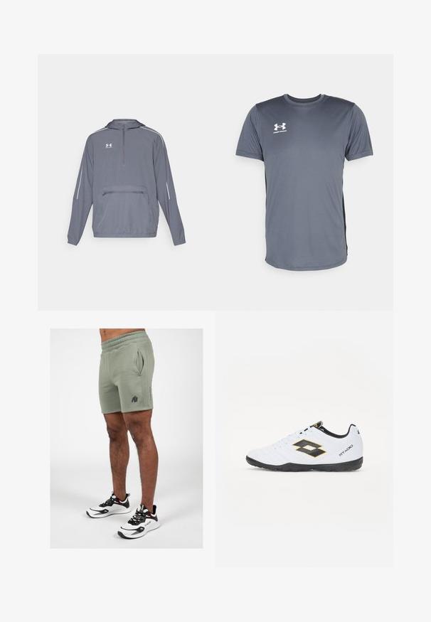 Pilkas lengvas gobtuvu džemperis su pusiau užtrauktuku priekyje, elastinga apačia ir priekiu užtraukiama kišene. Savybių baltos akcentinės linijos ant rankovių.; Pilkas sportinis marškinėliai su trumpomis rankovėmis. Su apvaliu iškirpimu ir baltu Under Armour logotipu priekinėje kairėje krūtinės pusėje. Lygi tekstūra.; Alyvos žaliai šortai su elastingu juosmeniu, šoninėmis kišenėmis ir juodu logotipu. Dėvimi su juodai baltais sportiniais batais.; Baltos sportinės bateliai su juodais ir geltonais akcentais, turintys tekstūruotą viršutinę dalį, apvalią nosį ir juodą guminius padus. Dizainas apima logotipo detalę šone.