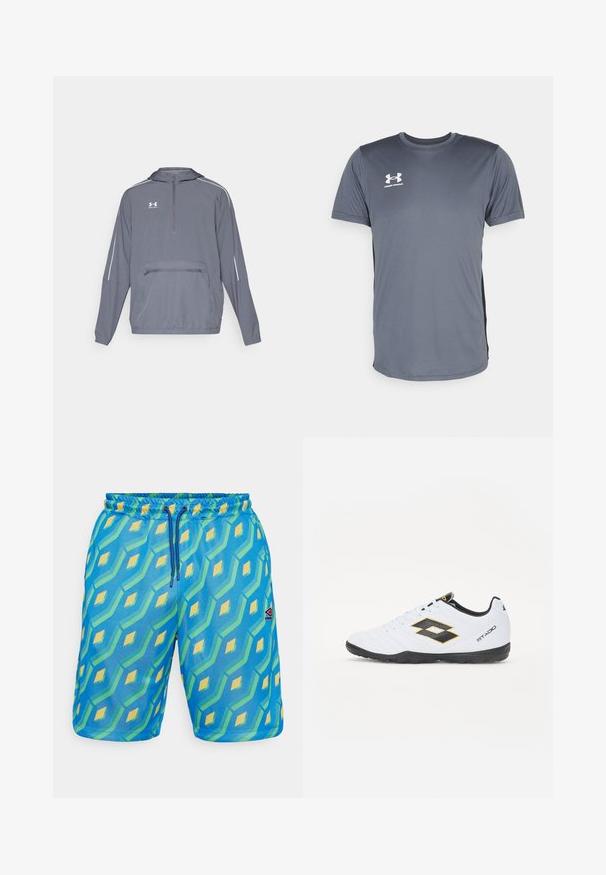 Grå lett hettejakke med halv glidelås foran, elastisk bunn og en frontlomme med glidelås. Har hvite kantlinjer på ermene.; Grå atletisk t-skjorte med korte ermer. Har en rund halslinning og en hvit Under Armour-logo på venstre side av brystet. Glatt tekstur.; Blå svømmebukser med et geometrisk mønster i grøn og gul, der har elastisk talje, snørredetalje og en lille logo-applikation.; Hvite sportsko med svarte og gule detaljer, med en teksturert overflate, rund tå og en svart gummisåle. Designet inkluderer et logodetalj på siden.