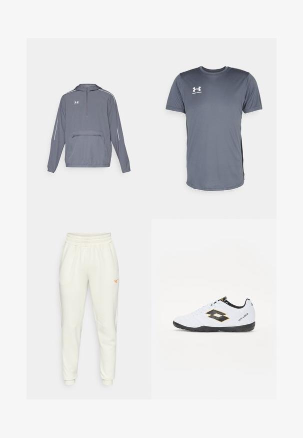 Giacca leggera grigia con cappuccio, dotata di una chiusura lampo frontale a metà, orlo elasticizzato e tasca frontale con zip. Presenta linee di accento bianche sulle maniche.; T-shirt sportivo grigio con maniche corte. Presenta un collo rotondo e un logo bianco Under Armour sul lato sinistro del petto. Texture liscia.; Pantaloni della tuta color crema realizzati in tessuto morbido, con vita elastica, tasche laterali e un logo arancione all'altezza dell'anca.; Scarpe da sport bianche con accenti neri e gialli, dotate di una tomaia texturizzata, punta rotonda e una suola in gomma nera. Il design include un dettaglio del logo sul lato.