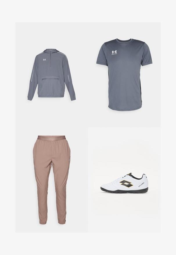 Halliine hall kerge kapuutsiga jope, millel on pooltõmbe esiosa, elastne alumine äär ja eesmine lukuga tasku. Omab valgeid aktsentjooni varrukatel.; Hallikas sportlik T-särk lühikeste varrukatega. Omab ümara kaelusega disaini ja valget Under Armour'i logo vasakul rinnal. Siledat tekstuuri.; Heledad roosa treeningpüksid elastse vöökoha ja mansettidega, valmistatud siledast ja kergest kangast. Omavad küljetaskuid ja diskreetset brändingut.; Valged spordijalatsid mustade ja kollaste aktsentidega, millel on tekstuuriga pealisosa, ümmargune nina ja must kummist tallad. Disain sisaldab logo detaile külgedel.