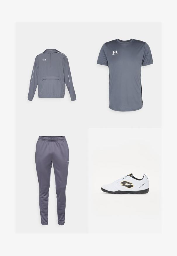 Graue, leichte Kapuzenjacke mit halbem Zipper an der Vorderseite, elastischem Saum und einer vorderen Reißverschlusstasche. Mit weißen Akzentlinien an den Ärmeln.; Graues Sport-T-Shirt mit kurzen Ärmeln. Verfügt über einen runden Halsausschnitt und ein weißes Under Armour-Logo auf der linken Brust. Glatte Textur.; Graue Sporthose mit elastischem Bund, tailliertem Design und glatter Textur. Verfügt über ein kleines Logo-Detail in Weiß und Grün.; Weiße Sportschuhe mit schwarzen und gelben Akzenten, ausgestattet mit einem strukturierten Obermaterial, runder Schuhspitze und einer schwarzen Gummisohle. Das Design beinhaltet ein Logodetail an der Seite.