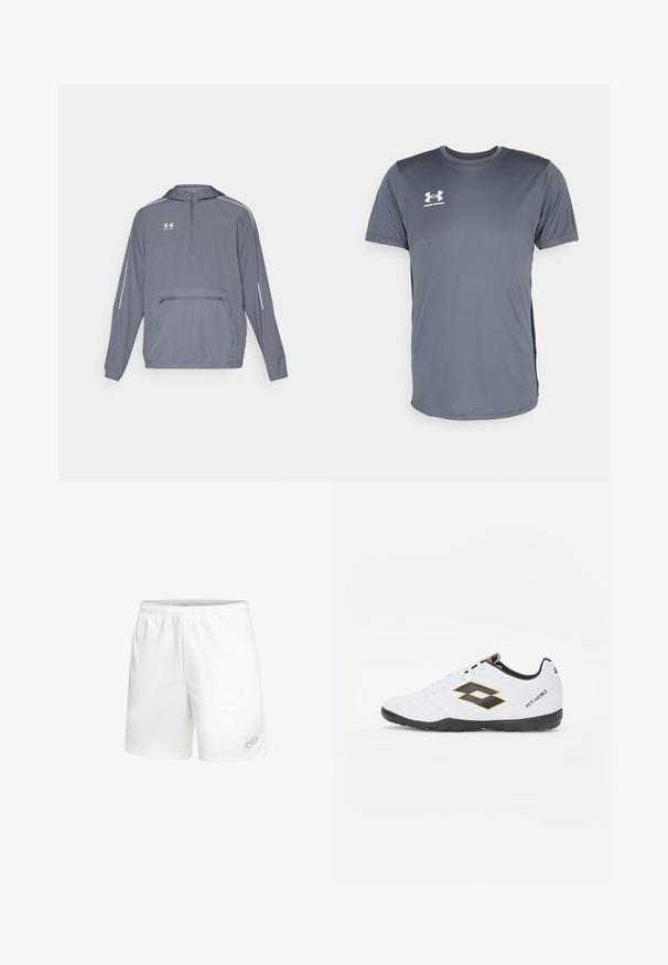 Harmaa kevyt huppari, jossa on puolivetoketju etuosassa, joustava helma ja vetoketjullinen tasku edessä. Hupparissa on valkoiset korostusviivat hihoissa.; Harmaa urheilupaita lyhyillä hihoilla. Ominaisuuksiin kuuluu pyöreä kaula-aukko ja valkoinen Under Armour -logo vasemmassa rinnassa. Sileä pinta.; Lotto SQUADRA III 7IN - Urheilushortsit - weiss; Valkoiset urheilukengät mustilla ja keltaisilla yksityiskohdilla, joissa on teksturoitu päällinen, pyöreä kärki ja musta kumipohja. Suunnittelussa on logotieto sivulla.