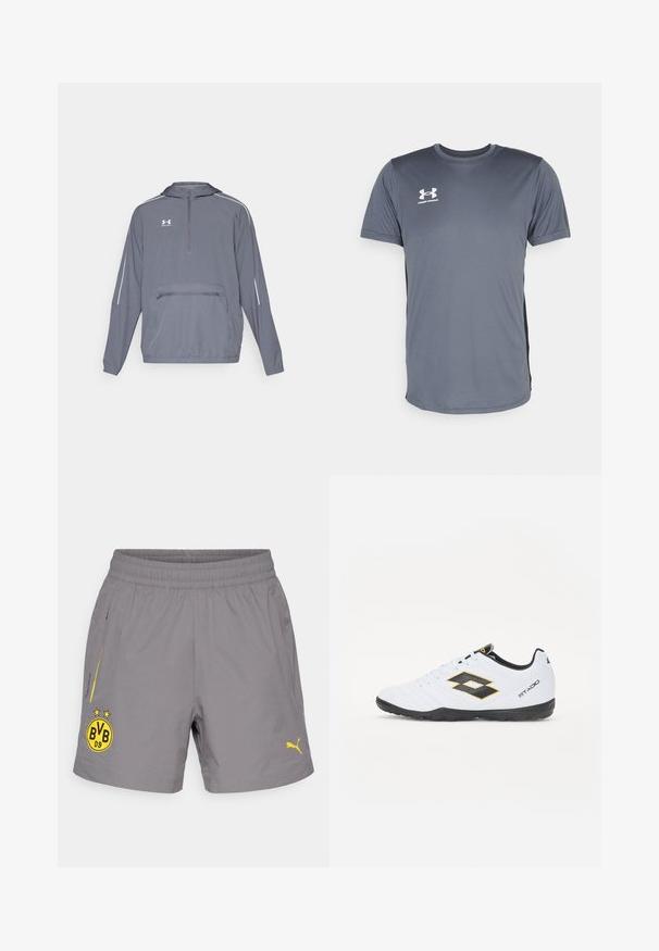 Graue, leichte Kapuzenjacke mit halbem Zipper an der Vorderseite, elastischem Saum und einer vorderen Reißverschlusstasche. Mit weißen Akzentlinien an den Ärmeln.; Graues Sport-T-Shirt mit kurzen Ärmeln. Verfügt über einen runden Halsausschnitt und ein weißes Under Armour-Logo auf der linken Brust. Glatte Textur.; Graue Sportshorts aus leichtem Material. Mit gelben Akzenten und Logos, elastischem Bund und zwei Seitentaschen.; Weiße Sportschuhe mit schwarzen und gelben Akzenten, ausgestattet mit einem strukturierten Obermaterial, runder Schuhspitze und einer schwarzen Gummisohle. Das Design beinhaltet ein Logodetail an der Seite.