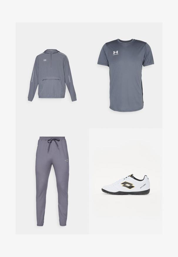 Graue, leichte Kapuzenjacke mit halbem Zipper an der Vorderseite, elastischem Saum und einer vorderen Reißverschlusstasche. Mit weißen Akzentlinien an den Ärmeln.; Graues Sport-T-Shirt mit kurzen Ärmeln. Verfügt über einen runden Halsausschnitt und ein weißes Under Armour-Logo auf der linken Brust. Glatte Textur.; Graue Sporthosen mit schmalem Schnitt, aus weichem Stoff. Mit einem Kordelzugbund und einem kleinen neongrünen Logo auf der Vorderseite.; Weiße Sportschuhe mit schwarzen und gelben Akzenten, ausgestattet mit einem strukturierten Obermaterial, runder Schuhspitze und einer schwarzen Gummisohle. Das Design beinhaltet ein Logodetail an der Seite.