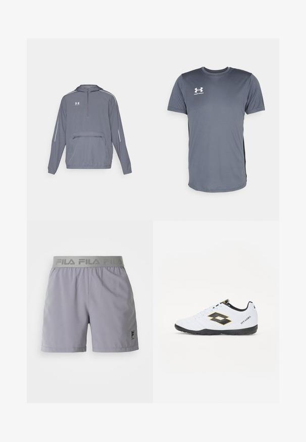 Halliine hall kerge kapuutsiga jope, millel on pooltõmbe esiosa, elastne alumine äär ja eesmine lukuga tasku. Omab valgeid aktsentjooni varrukatel.; Hallikas sportlik T-särk lühikeste varrukatega. Omab ümara kaelusega disaini ja valget Under Armour'i logo vasakul rinnal. Siledat tekstuuri.; Heledad hallhalli tuhked hallid spordishortsid, mis on valmistatud siledast kangast, elastse vöökoha ja külje peal "FILA" brändinguga ning väikese logo plaastriga.; Valged spordijalatsid mustade ja kollaste aktsentidega, millel on tekstuuriga pealisosa, ümmargune nina ja must kummist tallad. Disain sisaldab logo detaile külgedel.