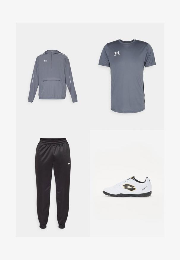 Graue, leichte Kapuzenjacke mit halbem Zipper an der Vorderseite, elastischem Saum und einer vorderen Reißverschlusstasche. Mit weißen Akzentlinien an den Ärmeln.; Graues Sport-T-Shirt mit kurzen Ärmeln. Verfügt über einen runden Halsausschnitt und ein weißes Under Armour-Logo auf der linken Brust. Glatte Textur.; Schwarze Sporthose mit elastischem Bund, schmal zulaufenden Beinen und gerippten Säumen. Verfügt über ein kleines weißes Logo auf der linken Seite. Glatte, glänzende Stofftextur.; Weiße Sportschuhe mit schwarzen und gelben Akzenten, ausgestattet mit einem strukturierten Obermaterial, runder Schuhspitze und einer schwarzen Gummisohle. Das Design beinhaltet ein Logodetail an der Seite.