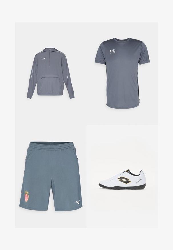 Halliine hall kerge kapuutsiga jope, millel on pooltõmbe esiosa, elastne alumine äär ja eesmine lukuga tasku. Omab valgeid aktsentjooni varrukatel.; Hallikas sportlik T-särk lühikeste varrukatega. Omab ümara kaelusega disaini ja valget Under Armour'i logo vasakul rinnal. Siledat tekstuuri.; Hallid hallid spordilühikesed, mis on valmistatud kergetest materjalidest. Omab elastset vöökohta, küljetaskuid ja punast-kuldset meeskonna logo vasakul jalal.; Valged spordijalatsid mustade ja kollaste aktsentidega, millel on tekstuuriga pealisosa, ümmargune nina ja must kummist tallad. Disain sisaldab logo detaile külgedel.