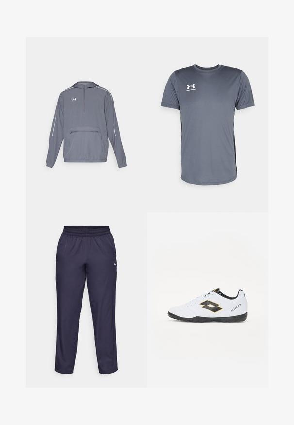 Pelēks viegls kapuce ar pus-izsistām priekšpusē, elastīgu apakšmalu un priekšējo kabatu ar rāvējslēdzēju. Tam ir baltas akcentu līnijas uz piedurknēm.; Pelēks sporta T-krekls ar īsām piedurknēm. Tam ir apaļa kakla izgriezne un balts Under Armour logo kreisajā krūšu pusē. Gluda tekstūra.; Jūras spēku sporta bikses no viegla auduma, ar elastīgu jostu un mazu baltu logo kreisajā pusē. Gluda tekstūra.; Baltas sporta apavus ar melniem un dzelteniem akcentiem, ar teksturētu virsmu, apaļu purngalu un melnu gumijas zoli. Dizainā ir iekļauts logo elements sānos.