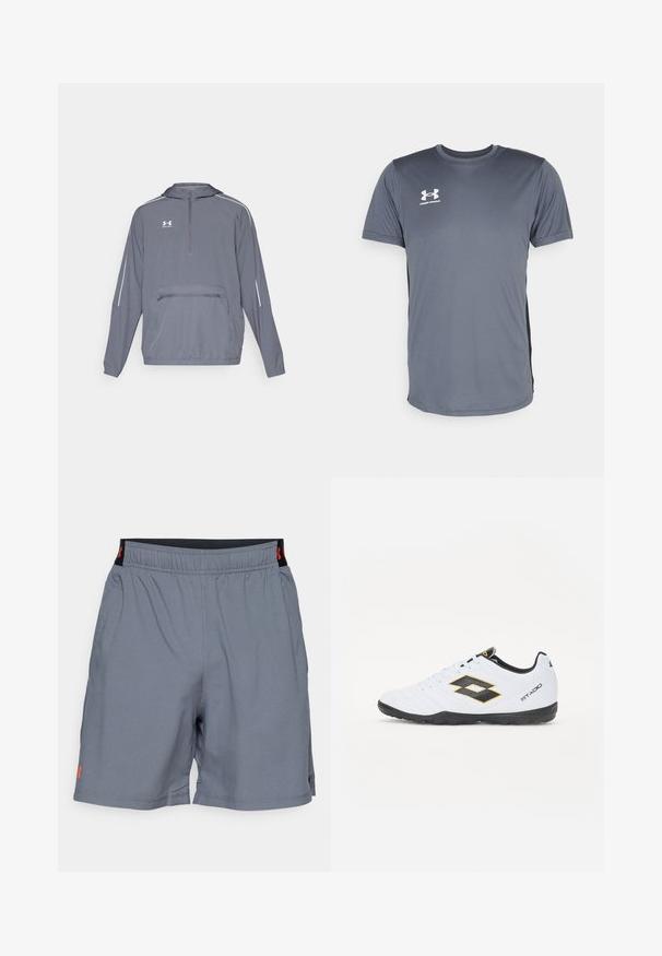 Halliine hall kerge kapuutsiga jope, millel on pooltõmbe esiosa, elastne alumine äär ja eesmine lukuga tasku. Omab valgeid aktsentjooni varrukatel.; Hallikas sportlik T-särk lühikeste varrukatega. Omab ümara kaelusega disaini ja valget Under Armour'i logo vasakul rinnal. Siledat tekstuuri.; Hallid hallid spordilühikesed püksid musta elastse vöökohta. Vasakul jalal on väike punane logo ning kangas on sile ja tekstureeritud.; Valged spordijalatsid mustade ja kollaste aktsentidega, millel on tekstuuriga pealisosa, ümmargune nina ja must kummist tallad. Disain sisaldab logo detaile külgedel.