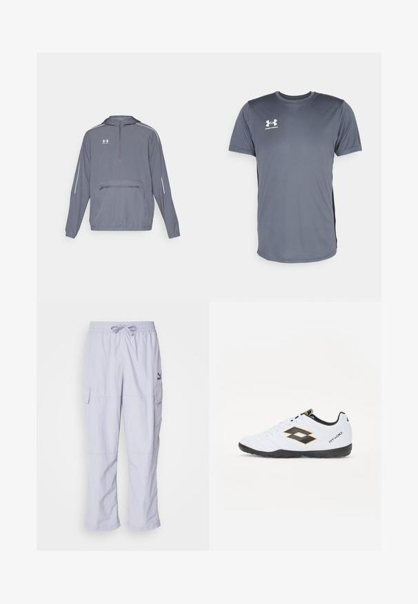 Halliine hall kerge kapuutsiga jope, millel on pooltõmbe esiosa, elastne alumine äär ja eesmine lukuga tasku. Omab valgeid aktsentjooni varrukatel.; Hallikas sportlik T-särk lühikeste varrukatega. Omab ümara kaelusega disaini ja valget Under Armour'i logo vasakul rinnal. Siledat tekstuuri.; Heledad hallhalli cargo püksid elastse vöökohtaga, nööriga ja küljetaskutega. Materjal näeb välja sile, millel on vabalt langev lõige ja sirged sääred.; Valged spordijalatsid mustade ja kollaste aktsentidega, millel on tekstuuriga pealisosa, ümmargune nina ja must kummist tallad. Disain sisaldab logo detaile külgedel.