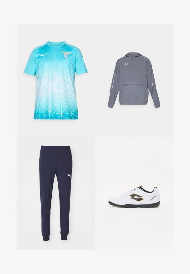 Chaqueta ligera gris con capucha, cierre de media cremallera en la parte delantera, dobladillo elástico y bolsillo frontal con cremallera. Presenta líneas de acento blancas en las mangas.; Camiseta deportiva azul claro con patrón geométrico blanco, logo de la S.S. Lazio en el lado derecho del pecho y logo de Mizuno en el lado izquierdo del pecho.; Pantalones de chándal azul marino con cintura elástica, piernas ajustadas y detalle del logo blanco de Puma en el muslo izquierdo. Textura de tejido suave y liso.; Zapatillas deportivas blancas con acentos en negro y amarillo, que cuentan con un upper texturizado, punta redonda y suela de goma negra. El diseño incluye un detalle de logo en el lateral.