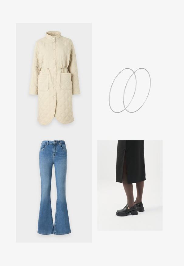 Gequilte beige jas met een hoge kraag, drukknoopjes, trekkoord in de taille en twee voorkezen, met een ruitpatroon over de stof.; Witte mouwloze tanktop van ribstof, met een ronde halslijn en een aansluitende pasvorm, met minimale naden en zonder versieringen.; Uitgebrede spijkerbroek van blauwe denim, met een hoge taille, rits- en knoopsluiting, en een vervaagd ontwerp met subtiele whisker-details.; Zwarte leren schoenen met een ronde neus, dikke blokhak en elastische zijkanten, gecombineerd met donkere panty's en een zwarte rok met een split.; Zilveren hoepel oorbellen met een minimalistisch ontwerp. Cirkelvormig, gladde textuur en dun profiel. Lichtgewicht met een gepolijste afwerking.