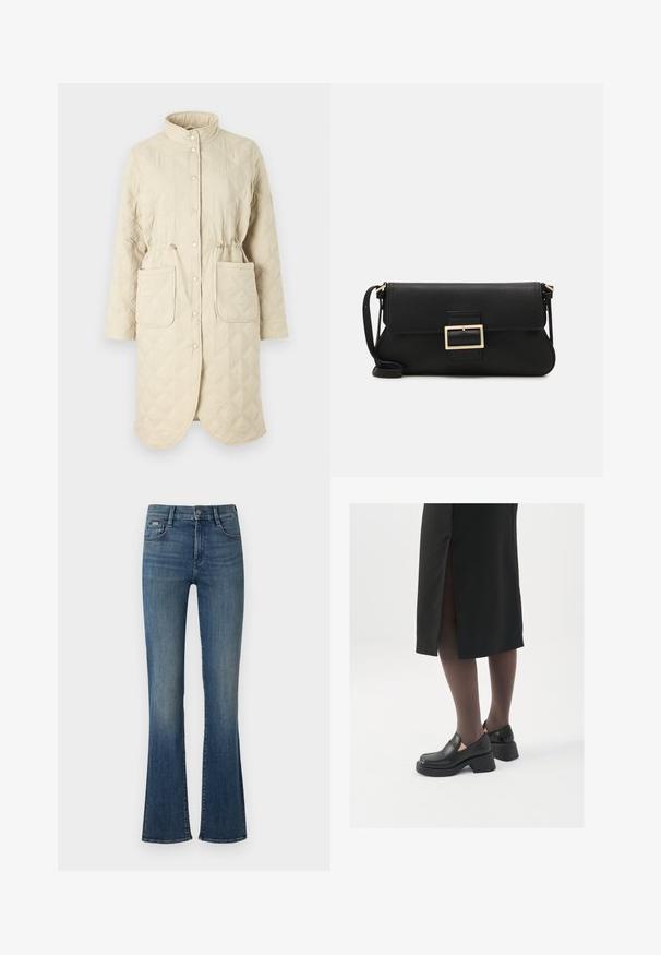 Padded bež plašč z visokim ovratnikom, zatiči na pritiskač, z vrvico za prilagajanje v pasu in dvema sprednjima žepoma, ki ima rombast vzorec po tkanini.; Bela brezrokavna majica iz rebraste tkanine, z zaobljenim izrezom in prilegajočim silhueto, z minimalnimi šivi in brez okraskov.; Temno modri široki kavbojki iz denima, z visokim pasom, enim sprednjim gumbom in subtilnim zbledelostjo vzdolž nog.; Črne usnjene čevlje s zaobljenim prstom, debelim blokastim petama in elastičnimi stranskimi detajli, v kombinaciji s temno nogavicami in črno krilo z razporkom.; Črna usnjena torbica na preklop z zlato kovinsko zaponko. Vključuje črn trak in eleganten, minimalističen dizajn.; Srebrne uhane v obliki obroča z minimalističnim dizajnom. Krožna oblika, gladka tekstura in tanek profil. Lahki s poliranim zaključkom.