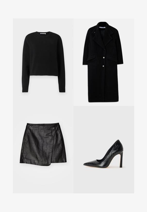 Dlouhý černý vlněný kabát s širokými klopami, třemi předními knoflíky, dvěma kapsami s klopami a dlouhými rukávy.; Černý zkrácený svetr s dlouhými rukávy, žebrovaným dekoltem a manžetami, vyrobený z měkkého pleteného materiálu. Jednoduchý a bezproblémový design.; Bílá bavlněná košile s dlouhým rukávem, špičatým límcem, zapínáním na knoflíky vpředu a zaobleným lemem. Hladká textura, klasický střih a žádné vzory.; Černá kožená mini sukně s asymetrickým designem, která má hladkou texturu a zapínání na zadním zipu.; Černý lodičkový bot s špičatou špičkou, pokrytý texturou krokodýlí kůže, s elegantním designem, vysokým stiletto podpatkem a hladkým černým interiérem.
