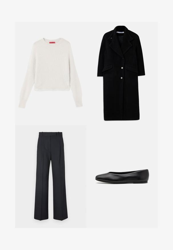 Langer schwarzer Wollmantel mit breiten Revers, drei Vorderknöpfen, zwei aufgesetzten Taschen und langen Ärmeln.; Hellbeige gerippter Pullover mit langen Ärmeln, Rundhalsausschnitt und cropped Design. Der Stoff hat eine weiche und strukturierte Textur mit sichtbaren Linien.; Weißes Baumwollhemd mit langen Ärmeln, spitzen Kragen, Knopfverschluss vorne und abgerundetem Saum. Glatte Textur, normale Passform und keine Muster.; Dunkelblaue Nadelstreifenhosen mit hoher Taille, weit geschnittenem Bein und ohne sichtbare Beschläge oder Verzierungen. Glatte Textur und taillierte Passform.; Paul Smith TOPANGA - Klassischer Ballerina - black