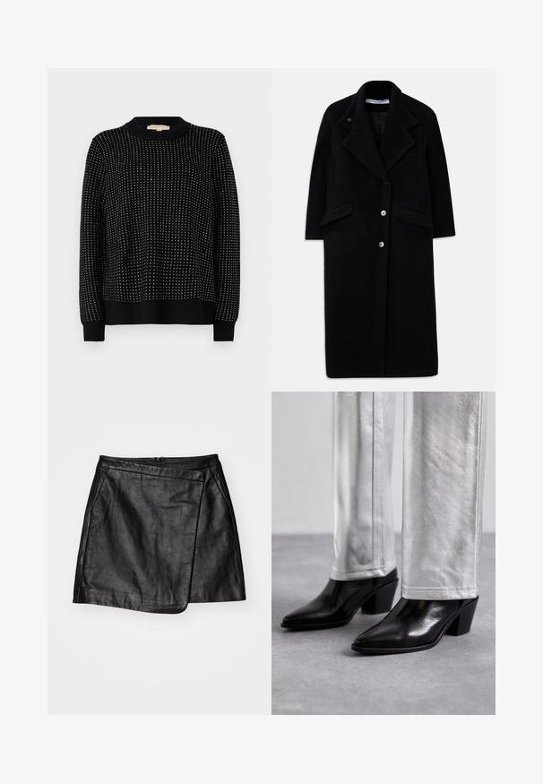 Long black wool coat with wide lapels, three front buttons, two flap pockets, and long sleeves.; Black sweater made of textured knit fabric, featuring a crew neck and embellished with small, evenly spaced silver studs throughout.; Black leather mini skirt with an asymmetric wrap design, featuring a smooth texture and a back zipper closure.; Black leather ankle boots with a pointed toe and block heel, paired with shiny silver pants, showcasing sleek textures and contrasting colors.