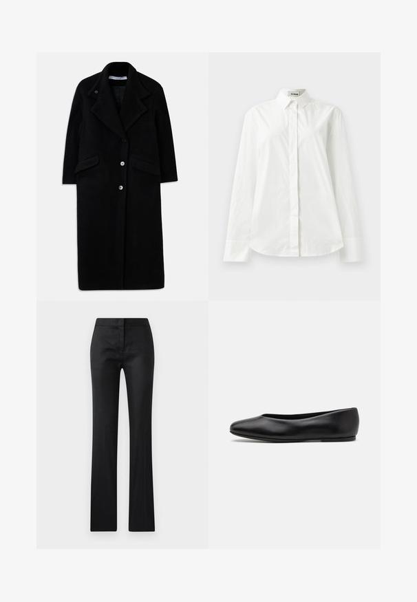 Dlouhý černý vlněný kabát s širokými klopami, třemi předními knoflíky, dvěma kapsami s klopami a dlouhými rukávy.; Bílá bavlněná košile s dlouhým rukávem, špičatým límcem, zapínáním na knoflíky vpředu a zaobleným lemem. Hladká textura, klasický střih a žádné vzory.; Černé, přiléhavé kalhoty s hladkou texturou, mírně lesklým povrchem a rovnými nohavicemi. Bez viditelného kovového spojení nebo vzorů.; Paul Smith TOPANGA - Klasické baleríny - black