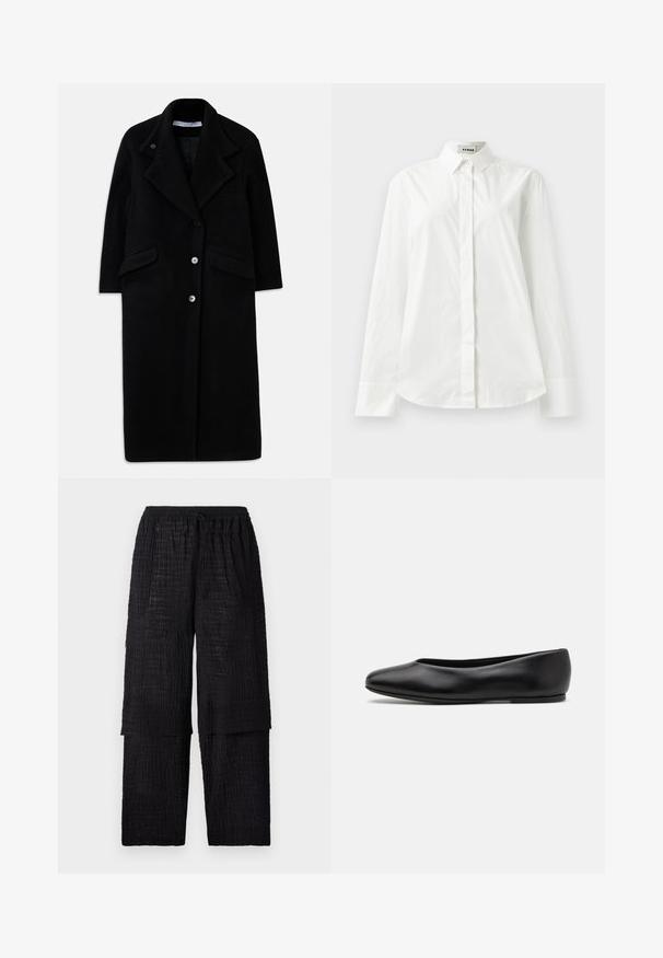 Long black wool coat with wide lapels, three front buttons, two flap pockets, and long sleeves.; White cotton long-sleeve shirt with a pointed collar, button-front closure, and rounded hem. Smooth texture, regular fit, and no patterns.; Henrik Vibskov SHANTS PANTS - Trousers - black; Paul Smith TOPANGA - Ballet pumps - black