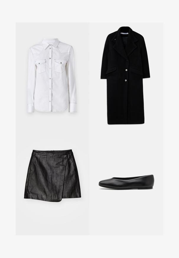 Lange zwarte wollen jas met brede revers, drie knopen aan de voorkant, twee klepzakken en lange mouwen.; Witte lange mouwen shirt met een puntkraag, twee borstzakken, contrasterende stiksels en een afgeronde zoom. Voorzien van metalen knopen.; Zwarte leren mini-rok met een asymmetrisch wikkeldesign, met een gladde textuur en een rits aan de achterkant.; Paul Smith TOPANGA - Ballerina's - black