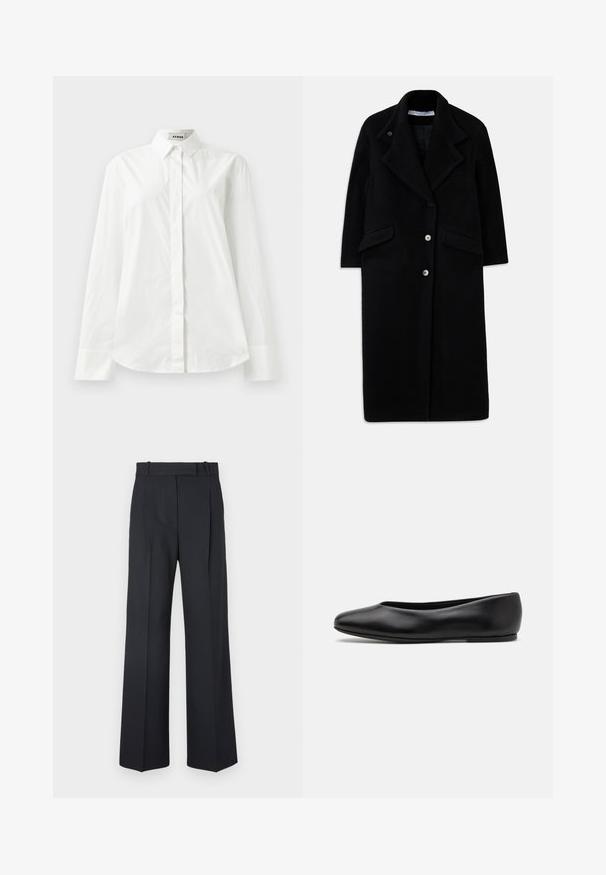 Cappotto lungo in lana nera con ampi revers, tre bottoni frontali, due tasche a pattina e maniche lunghe.; Camicia bianca in cotone a maniche lunghe con colletto a punta, chiusura anteriore con bottoni e orlo arrotondato. Tessuto liscio, vestibilità regolare e senza fantasie.; Pantaloni a righe blu scuro con vita alta, design a gamba larga e senza hardware o decorazioni visibili. Tessuto liscio e vestibilità sartoriale.; Paul Smith TOPANGA - Ballerine - black