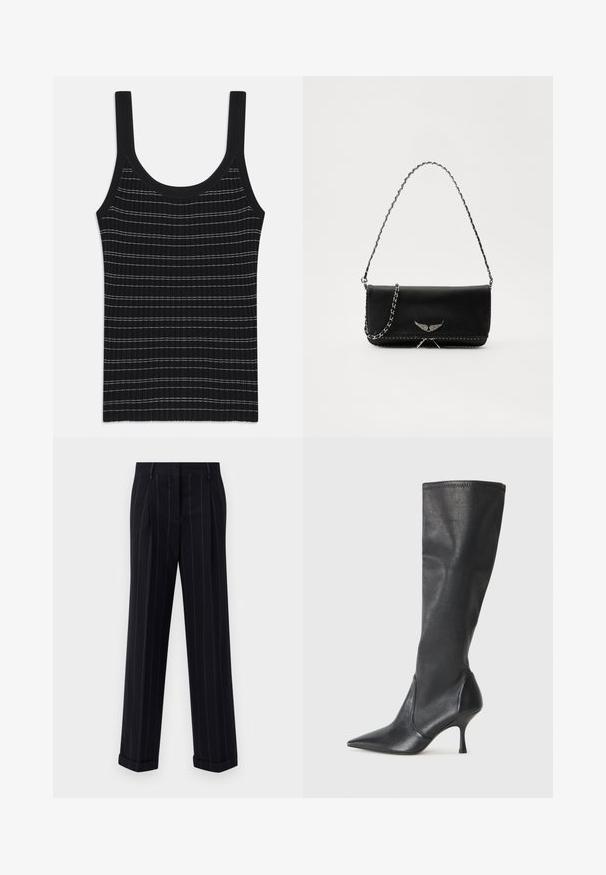 Garšs melns vilnas mētelis ar platām atlokām, trim priekšējām pogām, divām kabatām ar atloku un garām piedurknēm.; Melnā ribotā topa ar plānām baltām svītrām, ar apaļu izgriezumu un platām plecu siksnām. Gluda tekstūra, pieguloša forma.; Melnas pinstrīpu bikses ar pielāgotu piegriezumu, ar apgāztu apakšmalu un priekšējām kroku detaļām. Izgatavotas no gludas auduma ar struktūrētu dizainu.; Ceļa auguma melni ādas zābaki ar smailu purngalu un šauru stiletto papēdi. Gluda tekstūra ar pieguļošu dizainu un izšuvumiem augšējā malā.; Melnas ādas rokassomā ar sudraba ķēdes siksnu, kurai ir dekoratīvi spārnu akcenti un baltā šuvēšana apakšējā šuvē.
