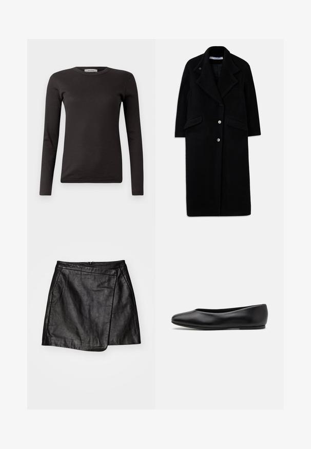 Langer schwarzer Wollmantel mit breiten Revers, drei Vorderknöpfen, zwei aufgesetzten Taschen und langen Ärmeln.; Schwarzes langärmeliges ribbeltes T-Shirt mit Rundhalsausschnitt und figurbetontem Design. Hergestellt aus weichem Baumwollmaterial, ideal für das Schichten.; Weißes Baumwollhemd mit langen Ärmeln, spitzen Kragen, Knopfverschluss vorne und abgerundetem Saum. Glatte Textur, normale Passform und keine Muster.; Schwarzer Leder-Minirock mit asymmetrischem Wickeldesign, das eine glatte Textur und einen Reißverschluss auf der Rückseite bietet.; Paul Smith TOPANGA - Klassischer Ballerina - black