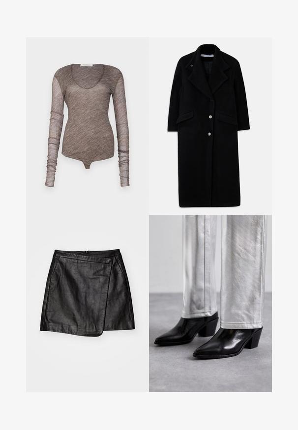 Lång svart ullkappa med breda slag, tre framknappar, två fickor med lock och långa ärmar.; Brun långärmad bodysuit gjord av lätt och genomskinligt tyg. Har en rundad halsringning och åtsittande ärmar med en slät textur.; Svart läder mini kjol med en asymmetrisk omslagsdesign, som har en mjuk yta och en bakre dragkedjeslutning.; Svarta läderankelstövlar med spetsig tå och blockklack, kombinerade med glänsande silverbyxor, vilket visar upp eleganta strukturer och kontrasterande färger.