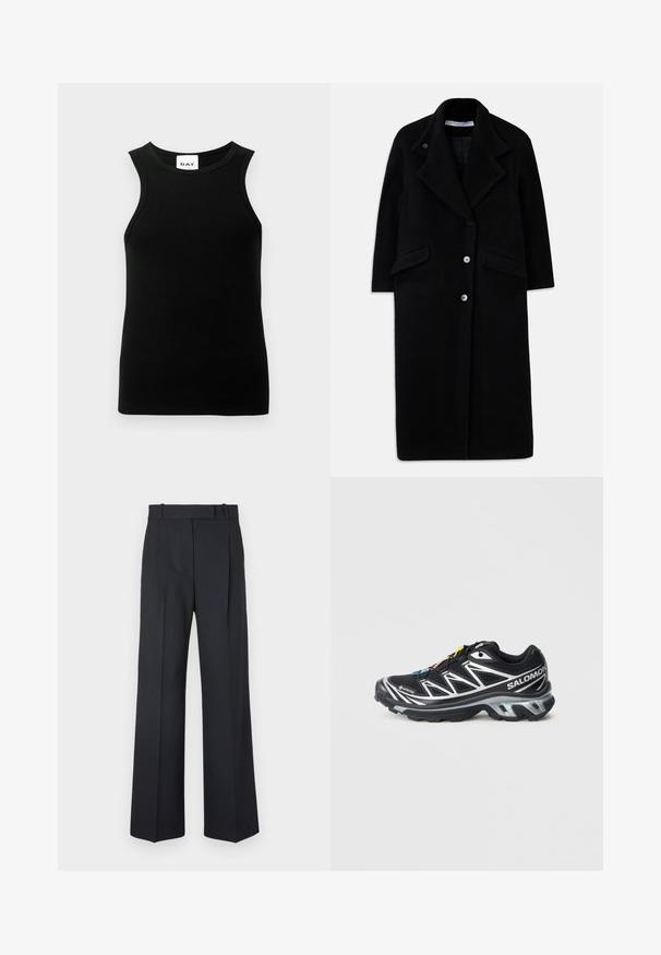 Pikk must villane mantel laia krae, kolme esiseibi, kahe flapi tasku ja pikkade varrukatega.; Musthave mustriga mustriga, jooksurada, mugavus toimib. Sildil on "DAY" logo.; Valge puuvillane pikkade varrukatega särk terava krae, nööbiga esise sulgemise ja ümarate äärtega. Sile tekstuur, regulaarne lõike ja ilma mustriteta.; Tumed sinise triibuga püksid, kõrge vöökoht, laiad jalad ning ilma nähtavate metalldetailide või kaunistusteta. Sile tekstuur ja täpselt istuv lõige.; Mustad mustus jooksujalanõud hõbedaste aktsentidega, GORE-TEX materjal, tekstureeritud tald ja värvilised paelad. Omab pehmet kontsa toetuseks.