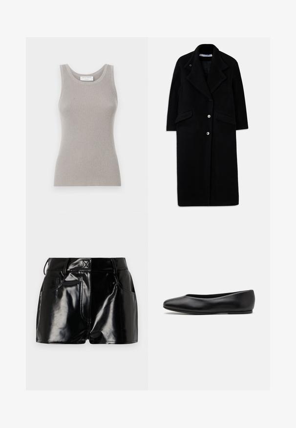 Dlouhý černý vlněný kabát s širokými klopami, třemi předními knoflíky, dvěma kapsami s klopami a dlouhými rukávy.; Šedý žebrovaný top bez rukávů s kulatým výstřihem a širokými ramínky. Má měkkou texturu a těsně přiléhající střih. Viditelná značka.; Bílá bavlněná košile s dlouhým rukávem, špičatým límcem, zapínáním na knoflíky vpředu a zaobleným lemem. Hladká textura, klasický střih a žádné vzory.; Černé lesklé kraťasy vyrobené z umělého materiálu. Obsahují přiléhavý pas, poutka na opasek a přední kapsy s výraznými švy.; Paul Smith TOPANGA - Klasické baleríny - black