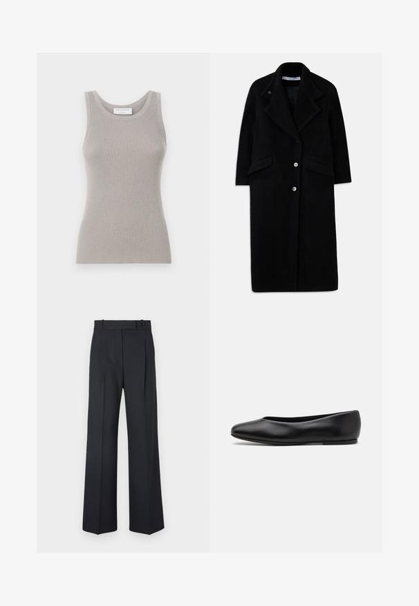 Cappotto lungo in lana nera con ampi revers, tre bottoni frontali, due tasche a pattina e maniche lunghe.; Top in cotone grigio a coste con scollo tondo e spalline larghe. Presenta una texture morbida e un design aderente. Etichetta del marchio visibile.; Camicia bianca in cotone a maniche lunghe con colletto a punta, chiusura anteriore con bottoni e orlo arrotondato. Tessuto liscio, vestibilità regolare e senza fantasie.; Pantaloni a righe blu scuro con vita alta, design a gamba larga e senza hardware o decorazioni visibili. Tessuto liscio e vestibilità sartoriale.; Paul Smith TOPANGA - Ballerine - black