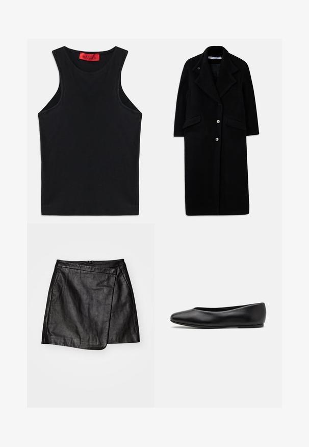 Długi czarny wełniany płaszcz z szerokimi klapami, trzema guzikami z przodu, dwiema kieszeniami z klapami i długimi rękawami.; Czarny bezrękawnik wykonany z miękkiej bawełny. Ma okrągły dekolt i standardowy dół. Prosty design, brak widocznych wzorów lub akcentów.; Biała bawełniana koszula z długim rękawem, z wyostrzonym kołnierzykiem, zapinana na guziki z przodu i zaokrąglonym dołem. Gładka faktura, regularny krój i brak wzorów.; Czarna skórzana mini spódnica o asymetrycznym kroju, z gładką fakturą i zapięciem na zamek z tyłu.; Paul Smith TOPANGA czarny