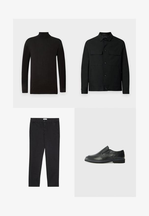 Sort jakke lavet af glat stof, med en kravehals, to brystlommer og knaplukninger foran.; Sort højhalset sweater i blødt strikket stof. Har lange ærmer og en tætsiddende pasform med ribkant på kraven og nederste kant. Minimal branding.; Sorte bomuldsbukser med slim fit, der har to sidelommer og en knappelukning foran. Tekstureret stof med subtil detaljer.; Sorte læder slip-on sko med en glat overdel, syede detaljer, rund tå og en lav gummihæl. Sålen har minimal profil.