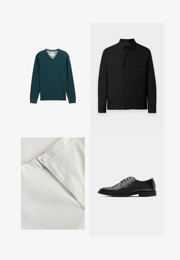 Črna jakna iz gladkega blaga, s ovratnikom, dvema žepoma na prsih in gumbnim zapiranjem spredaj.; Temno teal pulover z v-neck krojem, narejen iz mehke tkanine; ima dolge rokave, rebraste manšete in oznako na vratu za blagovno znamko.; Bela bombažna tkanina z gumbom na pasu, ki se ponaša z diskretno teksturo in šiviljskim detajlom ob šivih.; Črne usnjene moške čevlje z zaobljenim nosom, s sistemom vezalk, diskretnimi šivi in nizkih petah. Gladka tekstura s sijočim zaključkom.
