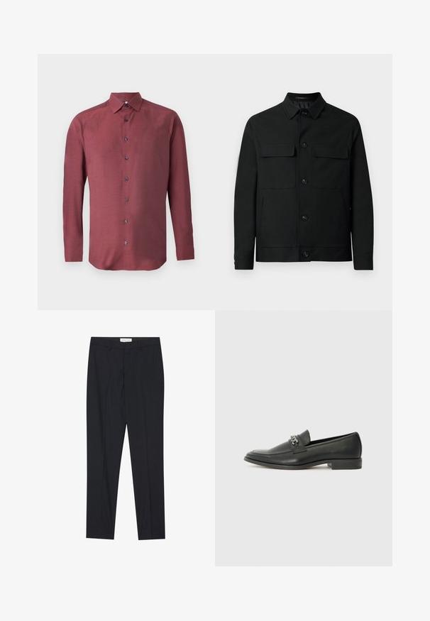 Veste noire en tissu lisse, dotée d'un col, de deux poches poitrine et de boutons sur le devant.; Chemise à manches longues, boutonnée, en tissu bordeaux avec un motif texturé et des boutons bleu foncé ; elle présente un col pointu et un ourlet droit.; Pantalons noirs ajustés avec un devant plat, coupe régulière, en tissu lisse, avec des plis pressés et des poches latérales.; Mocassin en cuir noir avec une finition lisse, présentant un design cousu et une accent décoratif en chaîne métallique sur le rand. Talon plat.