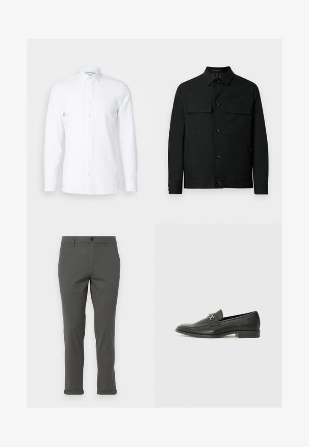 Svart jakke laget av glatt stoff, med kragehals, to brystlommer og knappelukking foran.; Hvit langermet skjorte laget av glatt stoff, med pointed krage og knappestolpe foran. Ingen mønstre eller dekorasjoner.; Grå bukser med rett bendesign, laget av lett stoff, med rullet falm og en enkelt knappelukking foran.; Sorte skinnloafers med en glatt finish, og med en sydd design og en dekorativ metallkjedeakcent over foten. Flat hæl.