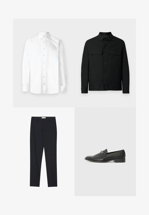 Black jacket made of smooth fabric, featuring a collared neckline, two chest pockets, and button closures down the front.; White long-sleeve shirt with a pointed collar, button front, and single-button cuffs. Smooth, plain fabric with no patterns or embellishments.; Black tailored trousers with a flat front, regular fit, made of smooth fabric, featuring pressed pleats and side pockets.; Black leather loafer with a smooth finish, featuring a stitched design and a decorative metal chain accent across the vamp. Flat heel.