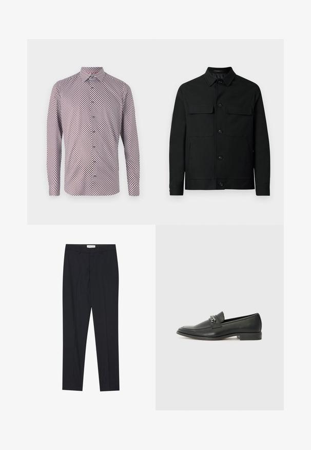 Musta takki, joka on valmistettu sileästä kankaasta, jossa on kauluksellinen pääntie, kaksi rintataskua ja napp closure etupuolella.; Pitkähihaisten napitettava paita valkoisena punaisella ja laivastonsinisellä geometrisella kuviolla. Omistaa kauluksen, hihansuut ja suorassa leikkauksessa.; Musta räätälöity housupari, jossa on tasapintainen etuosa, normaali istuvuus, valmistettu sileästä kankaasta, jossa on painetut laskokset ja sivutaskut.; Musta nahkakengät, joissa on sileä pinta, koristeelliset ompeleet ja metalliketjun yksityiskohta kengän päällä. Littee korko.