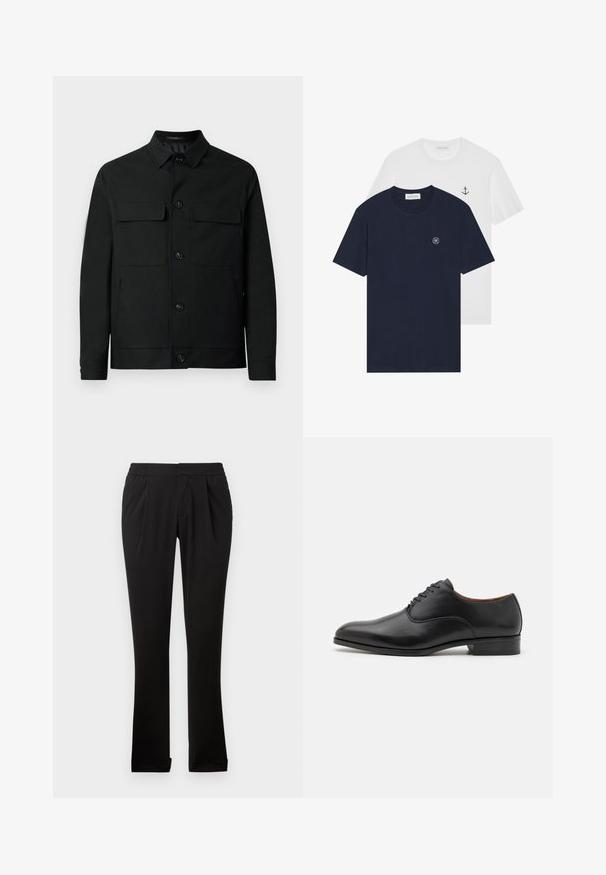 Must must, mille lõhna ja kahe rinnataskuga, esiosa nupud.; Kaks t-särki: üks tume sinine ringikujulise logoga, teine valge, millel on väike ankru kujundus. Valmistatud puuvillast, lühikeste varrukatega.; Mustadest siledast kangast püksid, millel on elastne vöökoht, sirged sääred, ees voldid ja üles keeratud äärised. Lihtne ja mitmekesine disain.; Mustaläik ja sileda viimistlusega nahast king, millel on terav nina ja kuue silmadega nööbitav disain, madala kanna ning diskreetse õmbluse aktsentidega.