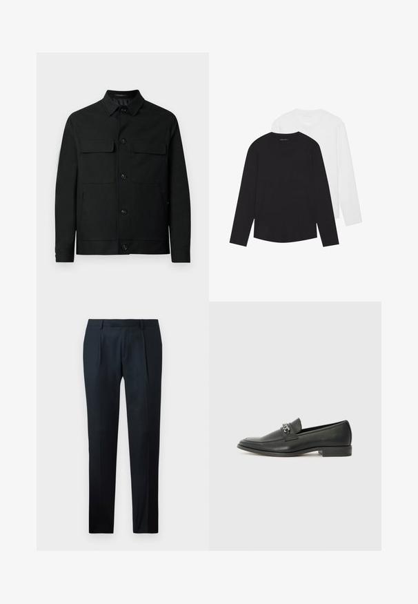 Svart jakke laget av glatt stoff, med kragehals, to brystlommer og knappelukking foran.; To lange ermer i svart og hvitt. Laget av bomull, med runde halsutskjæringer og en myk tekstur. Enkelt design, uten mønstre.; Sorte skreddersydde bukser laget av glatt stoff, med en slim fit-design, to frontfolder og en flat midje uten synlig maskinvare.; Sorte skinnloafers med en glatt finish, og med en sydd design og en dekorativ metallkjedeakcent over foten. Flat hæl.