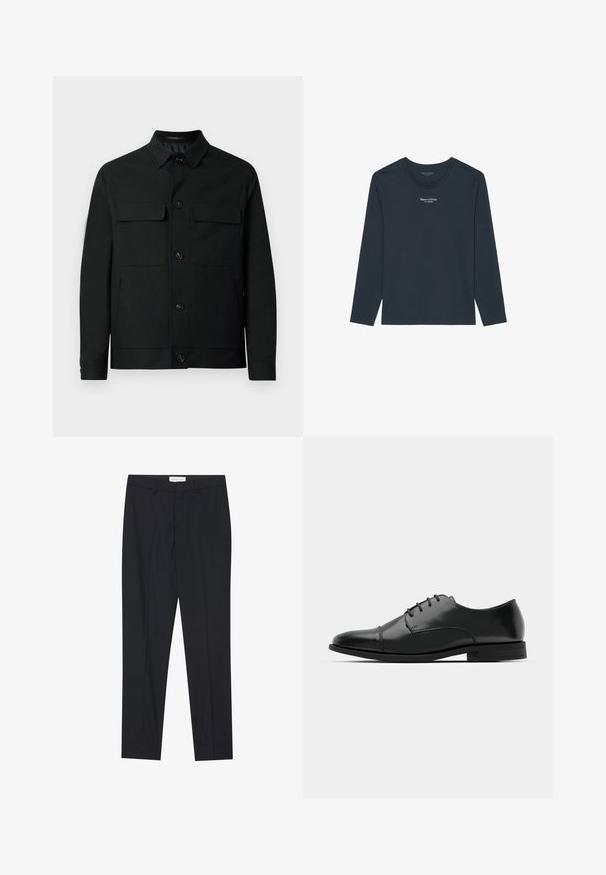 Zwarte jas van gladde stof, met een kraaghals, twee borstzakken en knoopsluitingen aan de voorkant.; Marine blauwe longsleeve t-shirt van zachte katoen. Voorzien van een ronde hals en een wit tekstlogo gecentreerd op de borst. Glad, gelijkmatig textuur.; Zwarte op maat gemaakte broeken met een vlakke voorkant, reguliere pasvorm, gemaakt van een gladde stof, met persplooien en zijzakken.; Zwarte leren dresschoenen met een ronde neus, vetersluiting, subtiele stiksels en een lage hak. Glad oppervlak met gepolijste afwerking.