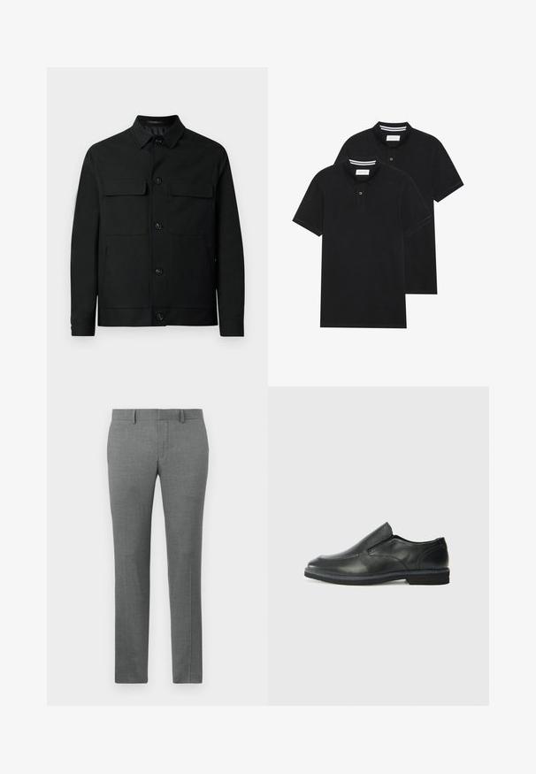 Melnā jaka no gludas auduma, ar apkakli, divām krūšu kabatām un pogu aizdari priekšpusē.; Divas melnas polo krekli, īsām piedurknēm, no kokvilnas materiāla, ar klasisku apkakli, divu pogu aizdari un balti svītroti akcenti apkakles iekšpusē.; Pelēki pieguļoši bikses ar gludu tekstūru, taisnu kāju dizainu, jostu cilpām un izsmalcinātu zīda rakstu visā virsmā.; Melnas ādas slip-on kurpes ar gludu augšdaļu, izšūtām akcentiem, noapaļotu purngala daļu un zemu gumijas papēdi. Zole ar minimālu rakstu.
