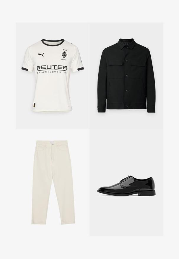 Μαύρο μπουφάν από λείο ύφασμα, με περιλαίμιο, δύο τσέπες στο στήθος και κλείσιμο με κουμπιά μπροστά.; Λευκή φανέλα ποδοσφαίρου Puma με μαύρες λεπτομέρειες, διαθέτοντας στρογγυλή λαιμόκοψη, κοντά μανίκια και λογότυπο, μεγάλο κείμενο χορηγού και δύο αστέρια πάνω από το έμβλημα.; Μπεζ τζιν παντελόνι με ίσια γραμμή, διαθέτει πέντε τσέπες, κουμπί κλεισίματος και διακριτές ραφές. Λείος υφασμάτινος χαρακτήρας.; Μαύρο παπούτσι φόρεμα από λουστρίνι με στρογγυλή μύτη, σχέδιο με κορδόνια και λείο, γυαλιστερό επιφάνεια. Διαθέτει χαμηλού προφίλ καουτσούκ σόλα.