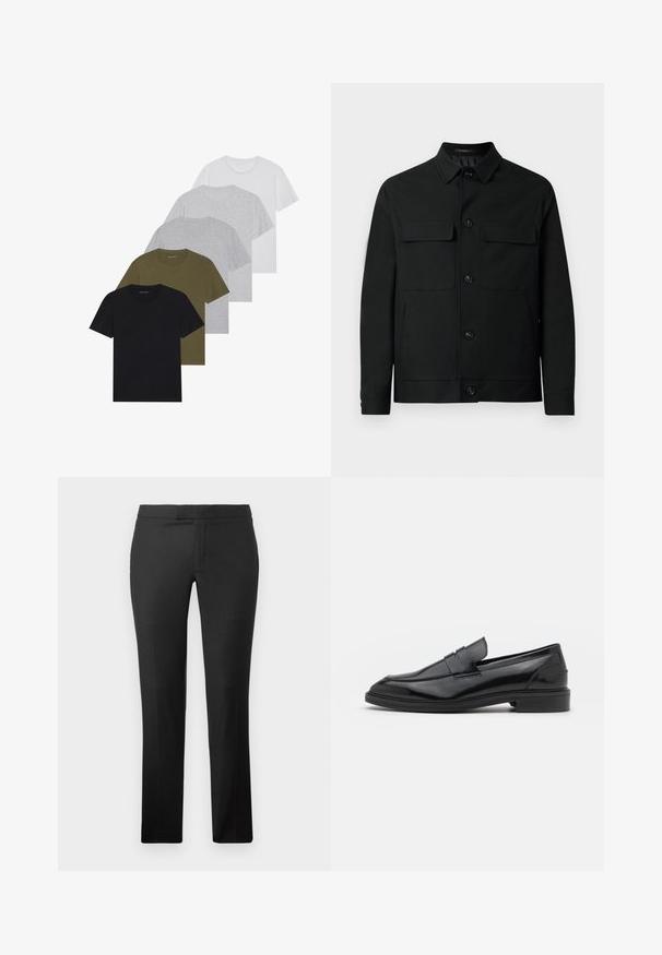 Chaqueta negra de tejido suave, con cuello, dos bolsillos en el pecho y cierre de botones en la parte delantera.; Cinco camisetas de cuello redondo en negro, oliva, gris claro, gris oscuro y blanco. Están hechas de una tela suave, con mangas cortas y un ajuste relajado.; Pantalones rectos negros hechos de una tela suave, con un diseño de frente plano, sin bolsillos visibles y una cintura limpia.; Mocasines de cuero negro con un acabado suave, que presentan una punta redondeada y una banda estrecha en la parte superior. Tacón bajo apilado.