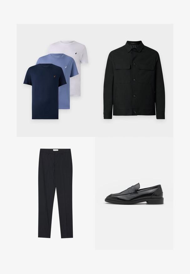 Chaqueta negra de tejido suave, con cuello, dos bolsillos en el pecho y cierre de botones en la parte delantera.; Tres camisetas de cuello redondo en azul marino oscuro, azul claro y blanco. Hechas de algodón con una textura suave, presentan un pequeño logotipo en el pecho.; Pantalones negros ajustados con frente plano, corte regular, hechos de tela suave, con pliegues marcados y bolsillos laterales.; Mocasines de cuero negro con un acabado suave, que presentan una punta redondeada y una banda estrecha en la parte superior. Tacón bajo apilado.