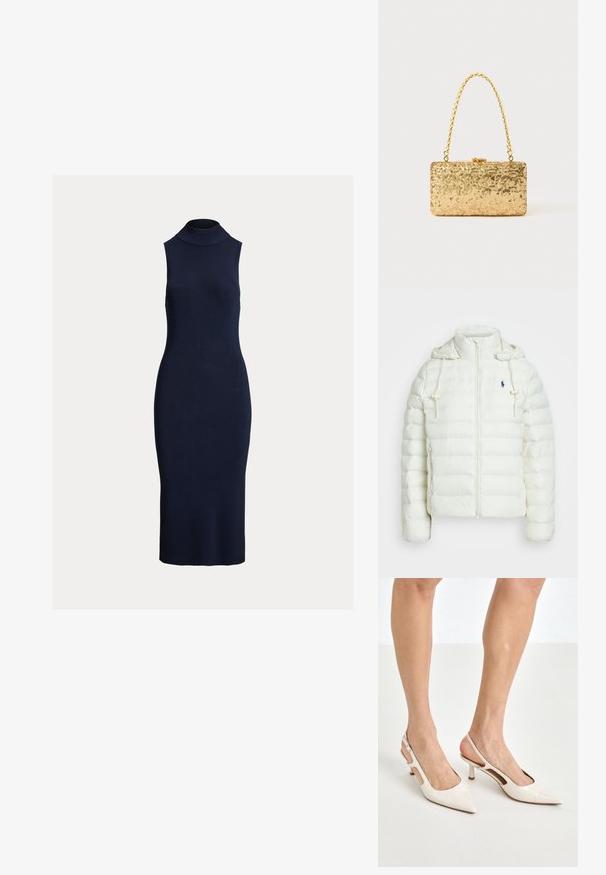 White puffer jacket with a zip closure and hood. Features horizontal quilted sections and a blue logo on the left chest. Soft, smooth texture.; Navy blue sleeveless ribbed dress featuring a high neck and form-fitting silhouette, made from a textured knit material.; Beige patent leather slingback heels with a pointed toe and 5 cm heel, featuring cut-out sides and a thin ankle strap.; Gold sequin clutch with a rectangular shape, featuring a twisted chain handle and a metal clasp closure, reflecting light with a textured finish.