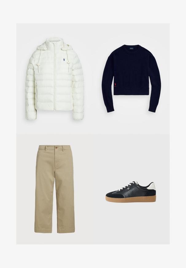 Chaqueta de plumas blanca con cierre de cremallera y capucha. Cuenta con secciones acolchadas en horizontal y un logo azul en el lado izquierdo del pecho. Textura suave y lisa.; Suéter corto azul marino hecho de material de punto suave, con un cuello y dobladillo acanalados, y un logotipo de polo bordado en rojo en la parte inferior izquierda.; Pantalones de algodón beige con corte recto, que cuentan con cierre de botón y bolsillos laterales, acabados con dobladillos limpios y una textura suave.; Zapatillas de cuero y ante negro con suela de goma marrón claro. Presentan cordones blancos y pequeñas perforaciones en los laterales. Logo de Michael Kors presente.