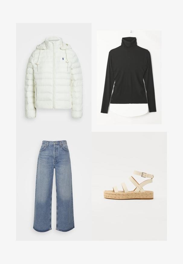 White puffer jacket with a zip closure and hood. Features horizontal quilted sections and a blue logo on the left chest. Soft, smooth texture.; Black turtleneck long-sleeve top made of ribbed fabric, featuring a high neck, fitted design, and a curved hem at the bottom.; Light blue denim wide-leg jeans with a high waist, featuring a button closure, five pockets, and frayed hems. Smooth texture, relaxed fit.; Light beige leather espadrille sandal with four cross straps and an ankle buckle, featuring a woven jute platform sole and flat rubber bottom.