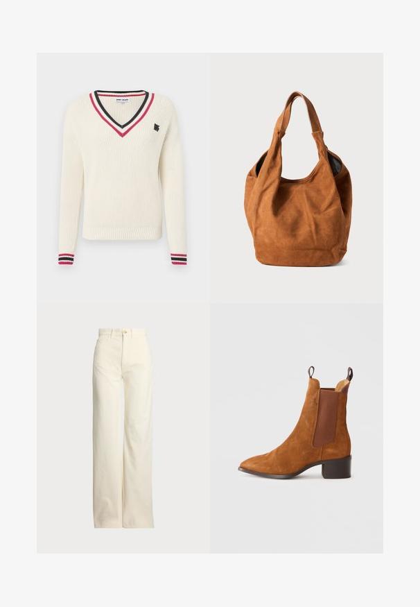 Fehér puffernadrág zipzárral és kapucnival. Horizontálisan steppelt részekkel és kék logóval a bal mellen. Puha, sima textúrával.; Krém színű V nyakú pulóver bordázott textúrával, piros és fekete csíkos díszítéssel a galléron és az ujjakon, valamint egy kis logóval a mellrészen.; Polo Ralph Lauren COTTON CORDUROY WIDE-LEG PANT - Nadrágok - warm white; Barna velúr boka csizma hegyes orral, rugalmas oldalsó panelekkel és alacsony blokk sarkal. Könnyű felhúzást segítő fülekkel rendelkezik.; Barna velúr válltáska puha textúrával, ívelt formával és két füllel. Jellemzője a minimalista dizájn, amelyen nincsenek látható fémrészletek vagy díszítések.